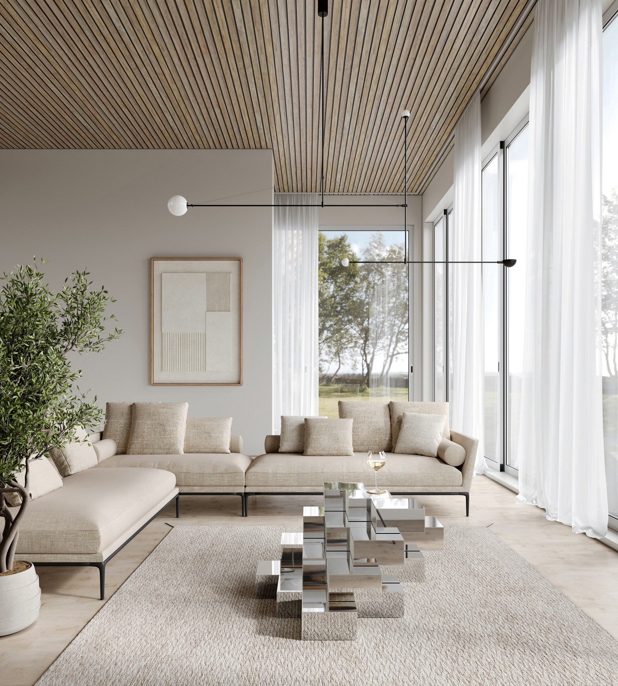 Spiegelende salontafel in beige, moderne woonkamer