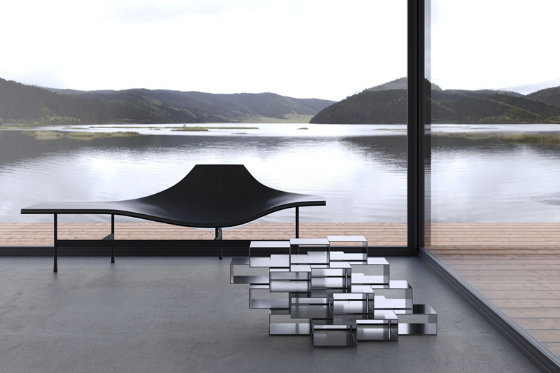 minimalistisch interieur met moderne Stilst salontafel en terminal 1 lounge stoel van B&B Italia, gelegen aan een meer met heuvels