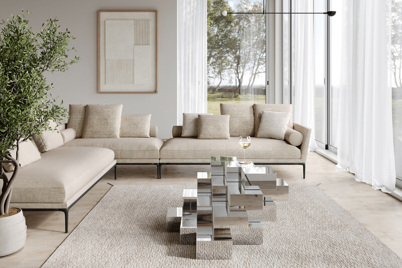 minimalistische salontafel in een warm, modern interieur met beige tinten