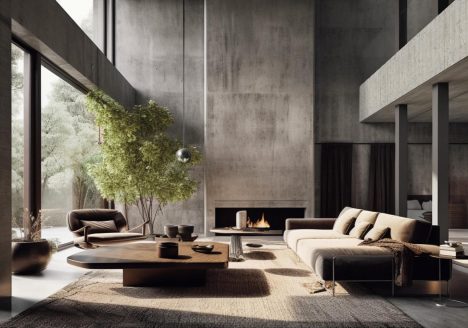 brutalistisch interieur van een woning met betonnen muren