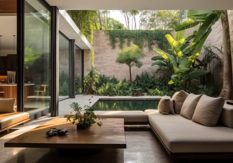 Houten salontafel en hoekbank in modern interieur