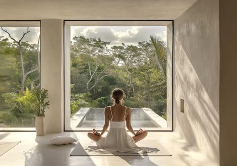 Interieur van een minimalistische Yoga Villa in Tulum