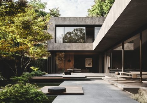 Brutalistische villa met tuin en zwembad.